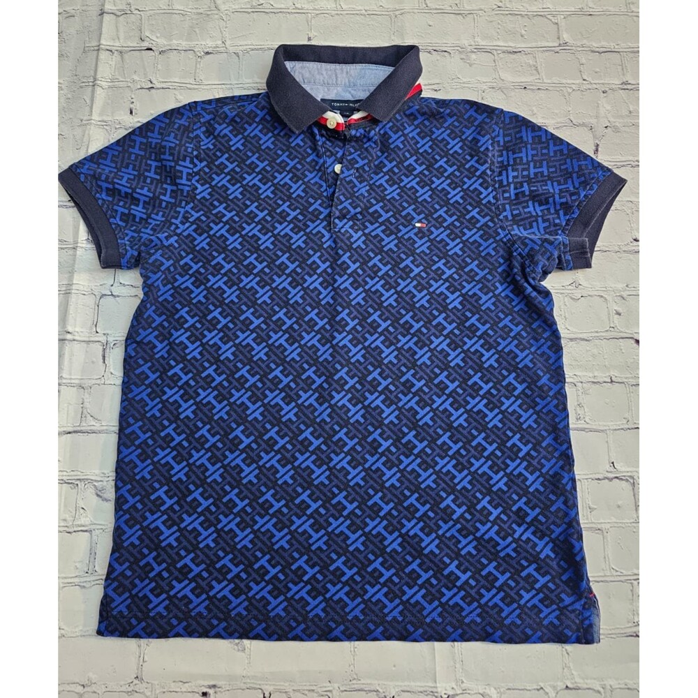 Tommy Hilfiger Men’s Slim Fit Polo Shirt S Blue Geometric Monogram Short Sleeve‎